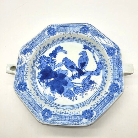 VTG Chinese Export Ware Blue Birds on Branch Warming Dish Entertaining Dinner - Picture 7 of 11